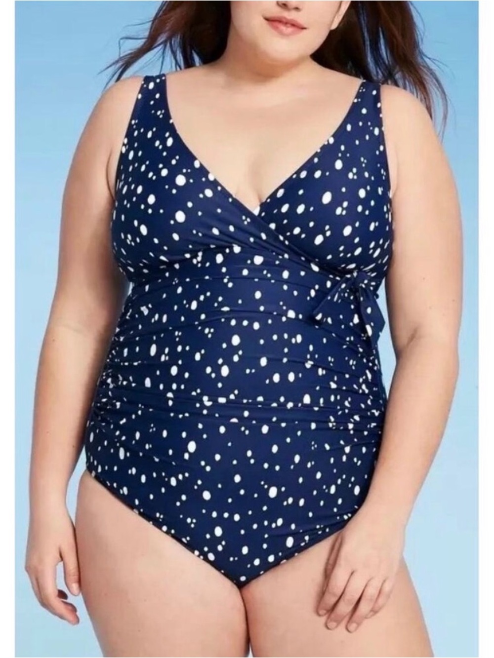 Kona Sol 24W Navy Blue Polka Dot Ruched V-Neck Padded One-Piece Swimsuit NWT